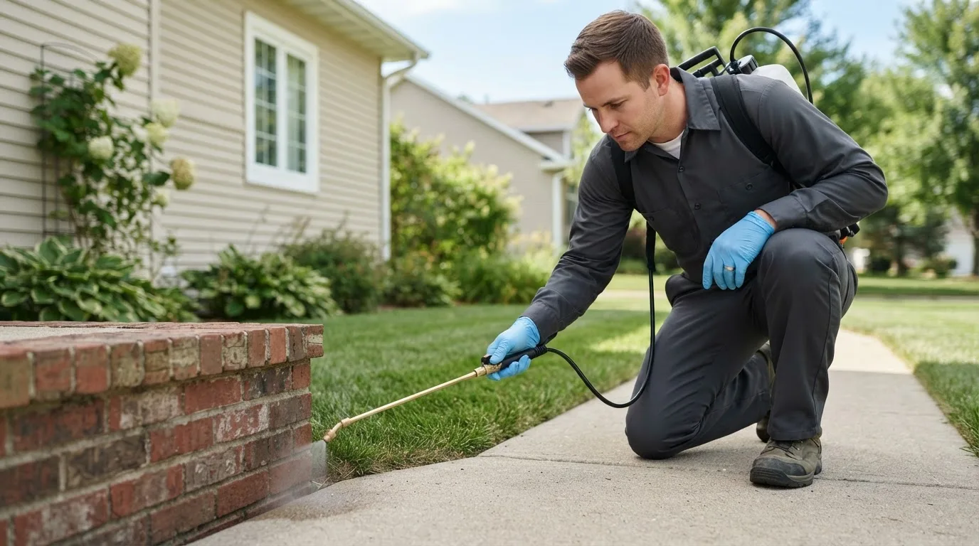 Pest control technician treating a home near Roundhead, OH