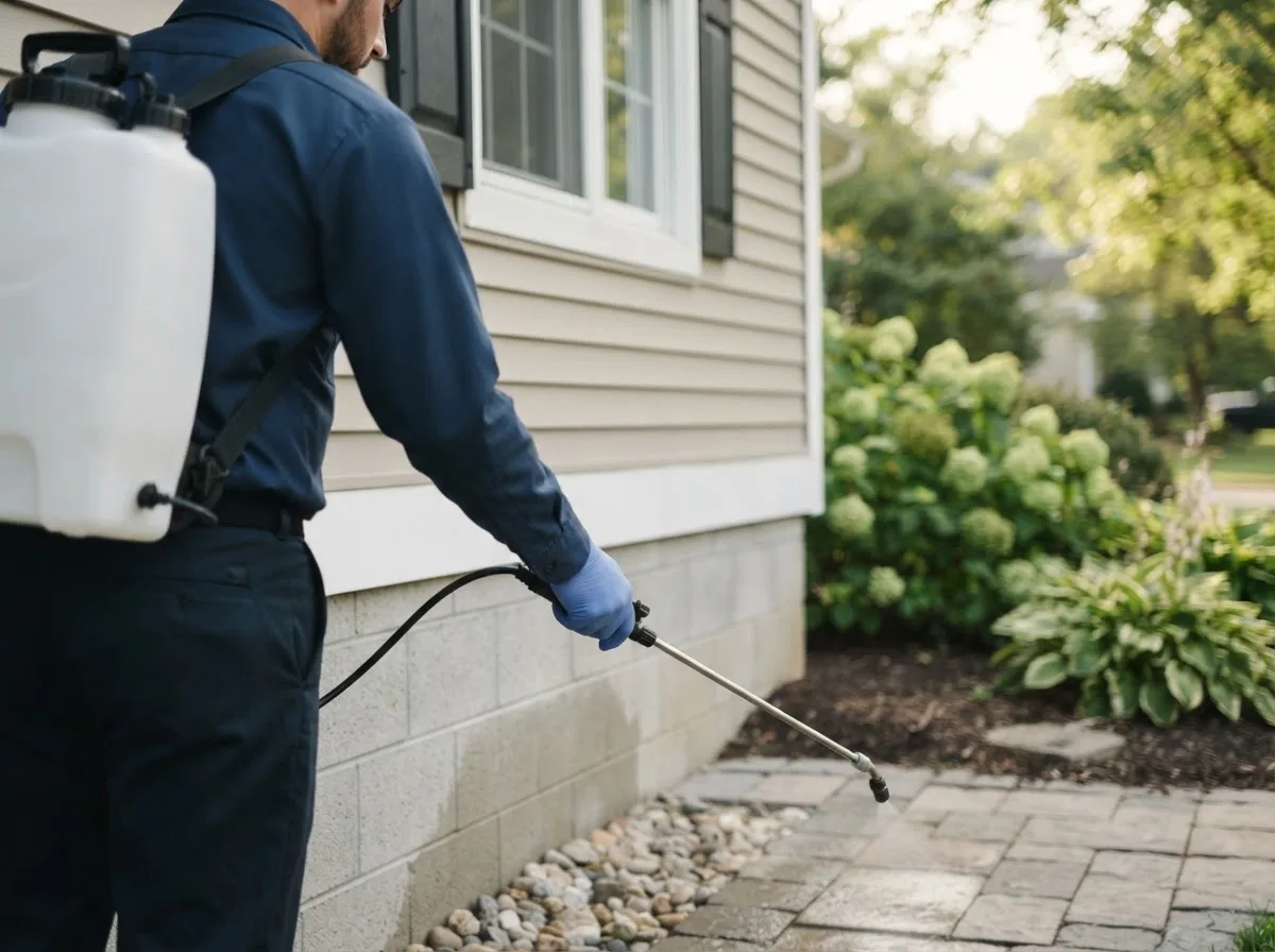 Pest control technician inspecting a home in Roundhead, OH